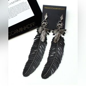 Rebecca Minkoff Leather Feather Earrings Black Feather and Crystals